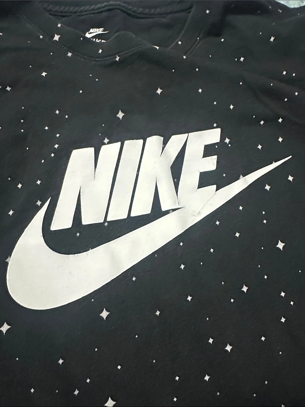 Nike Black Tee with White Swoosh and Star Print size large